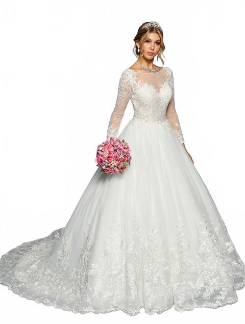 DeKlaire 454 Long Sleeve Wedding Gown with Boat Neckline