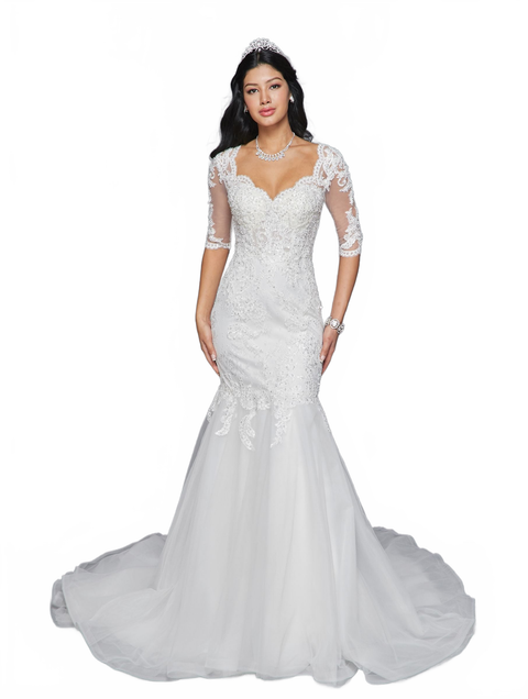 DeKlaire 418 Mermaid Wedding Dress with V-Neckline, Mid-Length Sleeves & Court Train