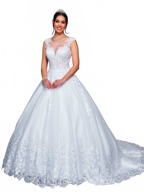 DeKlaire 474 A-Line Wedding Gown with Cap Sleeves & Illusion Boat Neckline