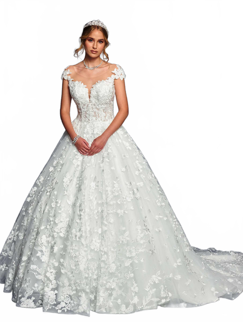 DeKlaire 485 A-Line Wedding Dress with Cap Sleeves & Illusion Boat Neckline