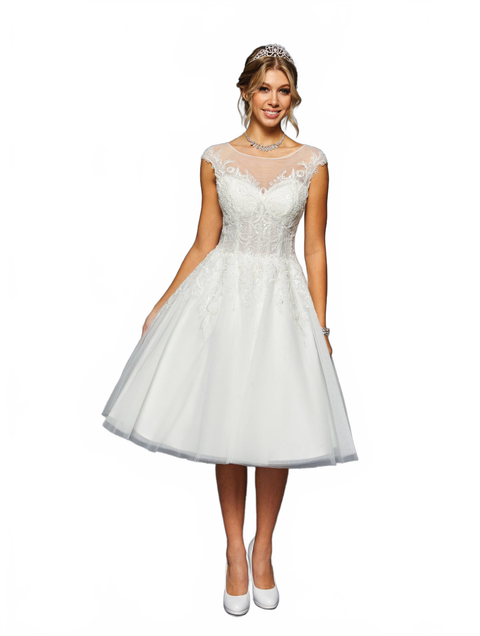 DeKlaire 460 Cap Sleeve Tea Length A-Line Wedding Dress