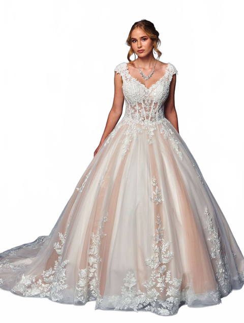 DeKlaire 490 A-Line Wedding Dress with Cap Sleeves and Chapel Train