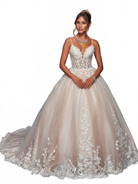 Deklaire 496 Spaghetti Strap A-Line Ballgown Wedding Dress with Chapel Train