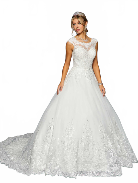 DeKlaire 456 A-Line Wedding Dress with Scoop Neck, Cap Sleeves & Chapel Train