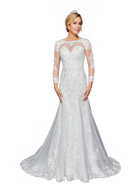 DeKlaire 435 Long Sleeve A-Line Wedding Dress with Beaded Lace