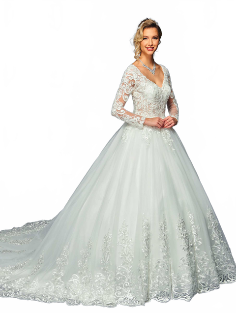DeKlaire 476 A-Line Wedding Ballgown with Long Sleeves & V-Neck