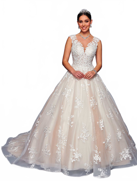 DeKlaire 480 A-Line Wedding Ball Gown with Illusion V-Neck & Cap Sleeves