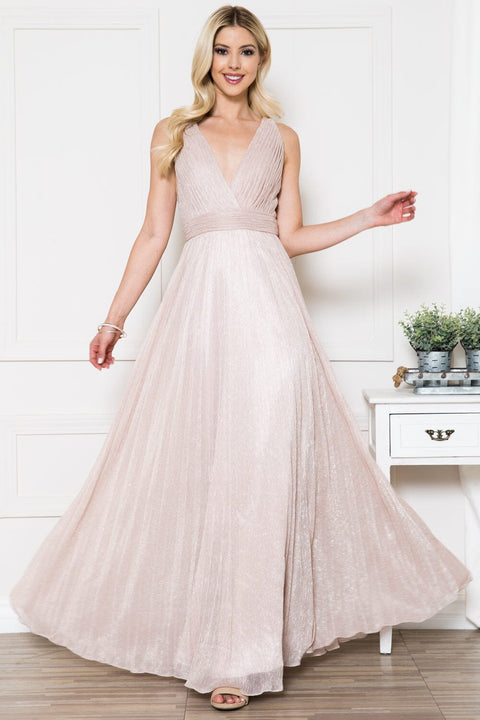 Amelia Couture L598 Radiant Pleated Metallic Gown with V-Neckline