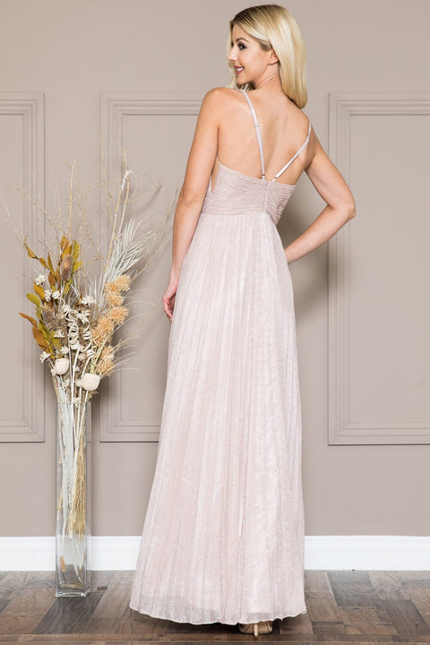 Amelia Couture L598 Radiant Pleated Metallic Gown with V-Neckline