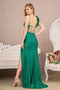 Elizabeth K GL3140 Ruched Glitter Feather Slit Gown