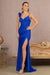 Elizabeth K GL3140 Ruched Glitter Feather Slit Gown