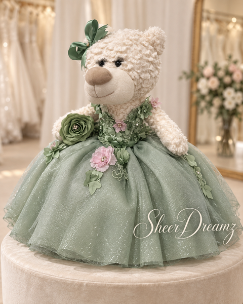 Sage green and blush quinceañera teddy bear wearing a handmade floral ball gown