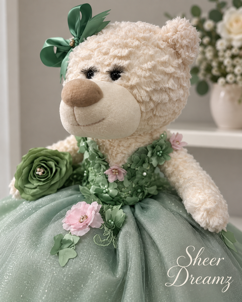 Sage and blush Sweet 15 teddy bear with floral gown and ribbon bow