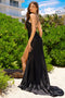 Amelia Couture BZ020 Fitted Sequin Gown with Cowl Neck, Sheer Corset, and Slit