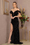 Elizabeth K GL3149 Sequin Off-Shoulder Feather Gown