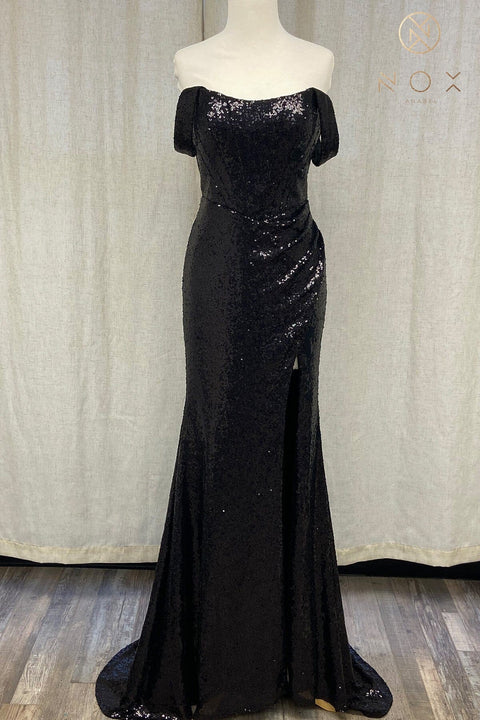 Nox Anabel Off-Shoulder Gown with Sequin and Slit R1203
