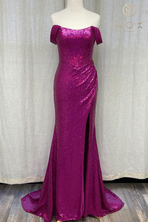 Nox Anabel Off-Shoulder Gown with Sequin and Slit R1203