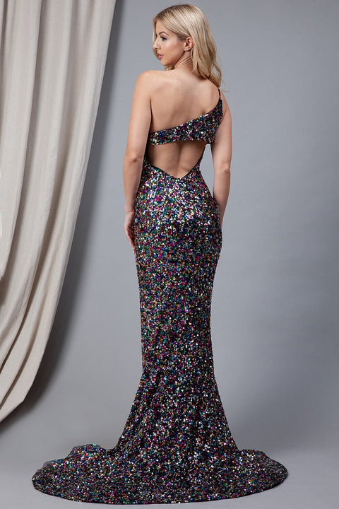 Amelia Couture 7023 Stunning One-Shoulder Gown with Sequins and Side Slit