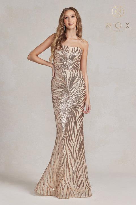 Nox Anabel One-Shoulder Gown with Sequin Print R1204
