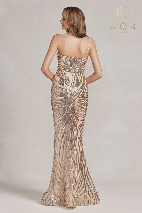 Nox Anabel One-Shoulder Gown with Sequin Print R1204