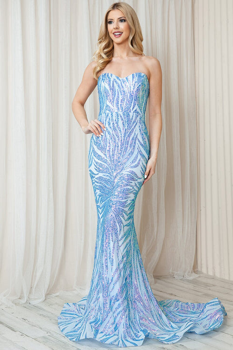 Amelia Couture 7028 Strapless Mermaid Dress with Sequin Print