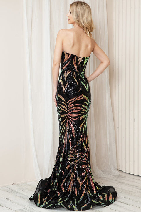 Amelia Couture 7028 Strapless Mermaid Dress with Sequin Print