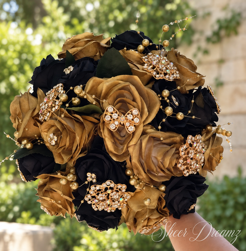 Black and gold quinceañera bouquet with crystal butterfly and gold brooches, view 1, Sheer Dreamz