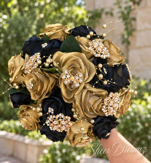 Black and gold quinceañera bouquet with crystal butterfly and gold brooches, view 2, Sheer Dreamz