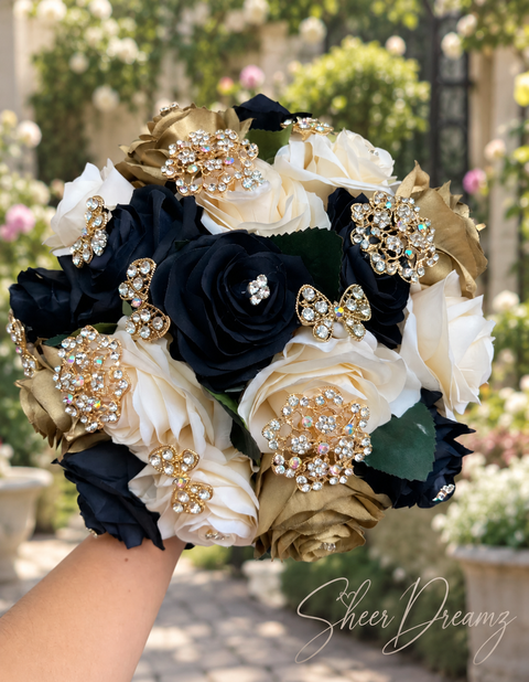 Black Gold and Ivory Quinceañera Bouquet | Gold Brooches, view 1, Sheer Dreamz
