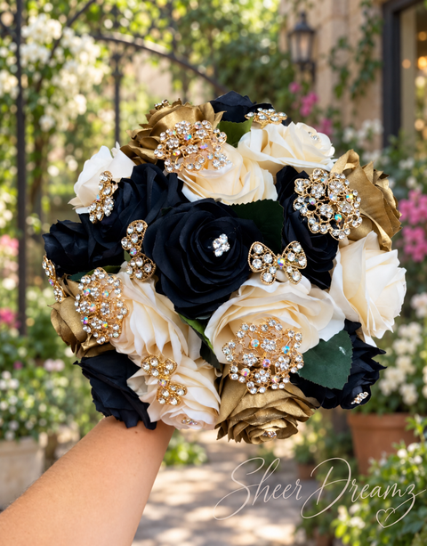 Black Gold and Ivory Quinceañera Bouquet | Gold Brooches, view 2, Sheer Dreamz