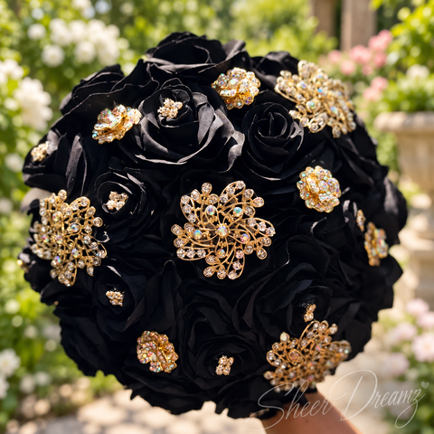 Black Quinceañera Bouquet | Gold Brooches, view 1, Sheer Dreamz