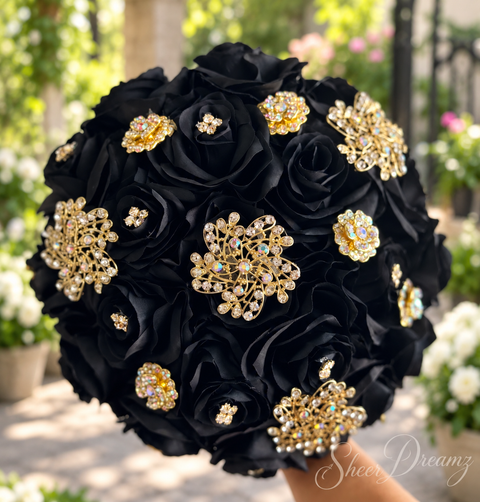 Black Quinceañera Bouquet | Gold Brooches, view 2, Sheer Dreamz
