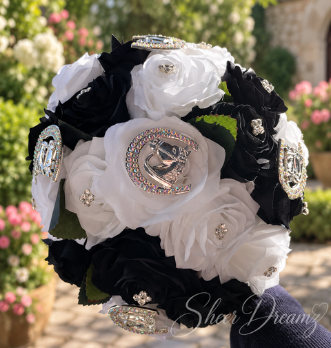 Black White Charro Quinceañera Bouquet | Horseshoe Brooches, view 1, Sheer Dreamz