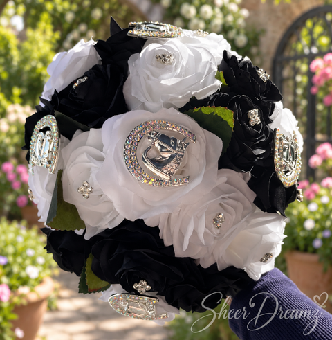 Black White Charro Quinceañera Bouquet | Horseshoe Brooches, view 3, Sheer Dreamz