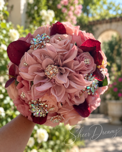 Blush and Mauve Quinceañera Bouquet | Rose Gold Brooches, view 1, Sheer Dreamz
