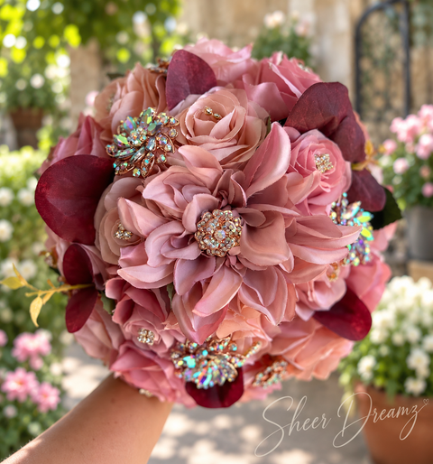 Blush and Mauve Quinceañera Bouquet | Rose Gold Brooches, view 2, Sheer Dreamz