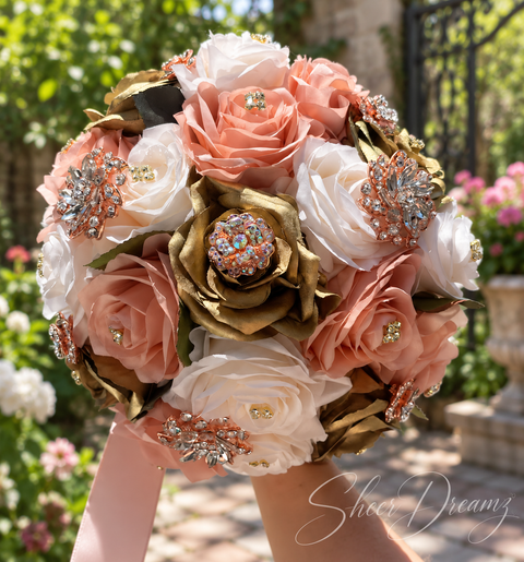 Blush ivory and gold quinceañera bouquet with rose gold brooches, view 1, Sheer Dreamz