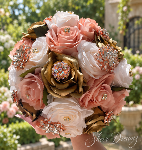 Blush ivory and gold quinceañera bouquet with rose gold brooches, view 2, Sheer Dreamz