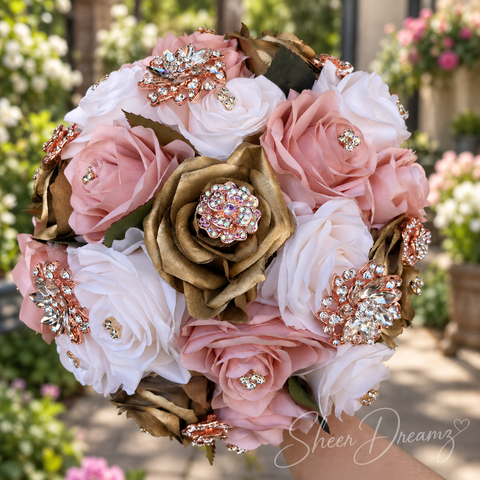 Blush ivory and gold quinceañera bouquet with rose gold brooches, view 3, Sheer Dreamz