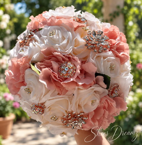 Blush and Ivory Bahama Quinceañera Bouquet | Rose Gold Brooches, view 2, Sheer Dreamz
