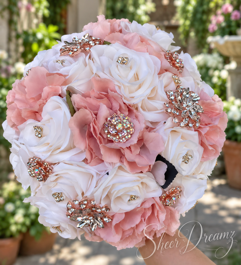 Blush and Ivory Bahama Quinceañera Bouquet | Rose Gold Brooches, view 3, Sheer Dreamz