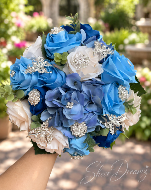 Bahama Blue Tone Quinceañera Bouquet | Silver Brooch Roses, view 1, Sheer Dreamz