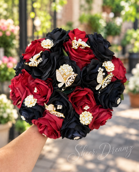 Burgundy and black quinceañera bouquet with gold brooches, view 1, Sheer Dreamz