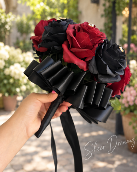 Burgundy and black quinceañera bouquet with gold brooches, view 2, Sheer Dreamz