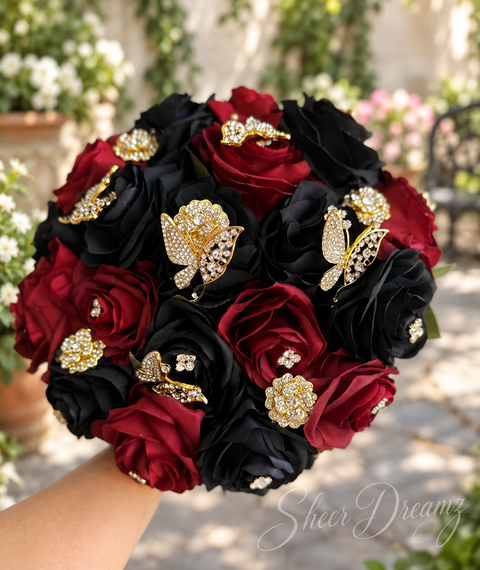 Burgundy and black quinceañera bouquet with gold brooches, view 3, Sheer Dreamz
