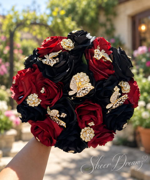 Burgundy and black quinceañera bouquet with gold brooches, view 4, Sheer Dreamz