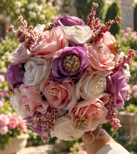 Blush pink lavender and ivory quinceañera bouquet with gold brooches, view 1, Sheer Dreamz