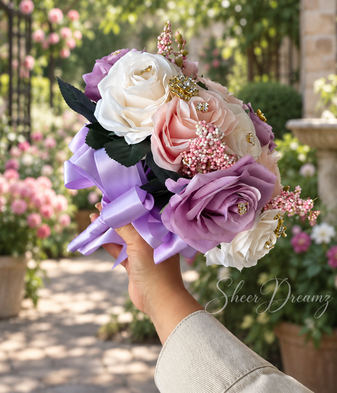 Blush pink lavender and ivory quinceañera bouquet with gold brooches, view 2, Sheer Dreamz