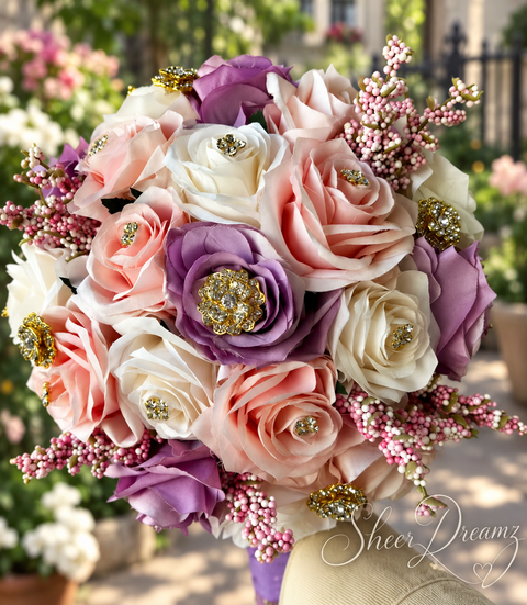 Blush pink lavender and ivory quinceañera bouquet with gold brooches, view 3, Sheer Dreamz