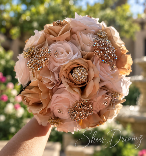 Champagne and Ivory Quinceañera Bouquet | Custom Brooch Flowers, view 1, Sheer Dreamz